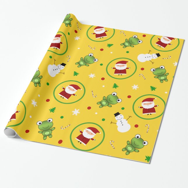Yellow frogs santa claus snowmen wrapping paper (Unrolled)