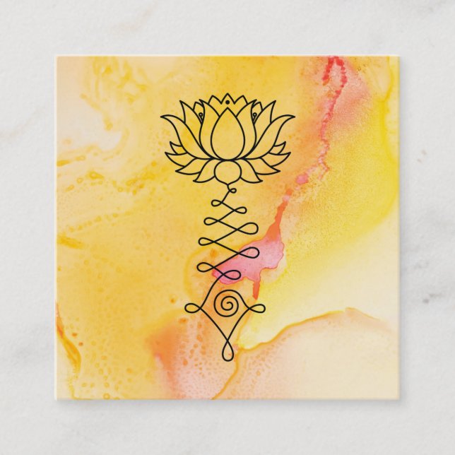 *~* Yellow Fuchsia Lotus Reiki Massage Yoga Square Business Card (Front)