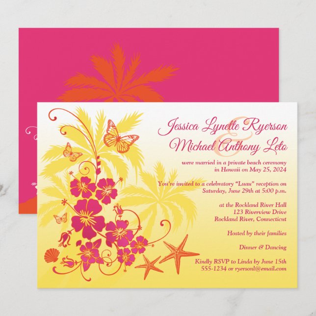 Yellow, Fuchsia, Orange Tropical Wedding Invitation (Front/Back)