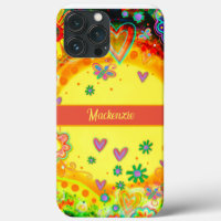 Yellow Fun Heart Flowers Personalise Name