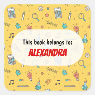 Yellow Fun School Supplies Pattern Personalised Square Sticker