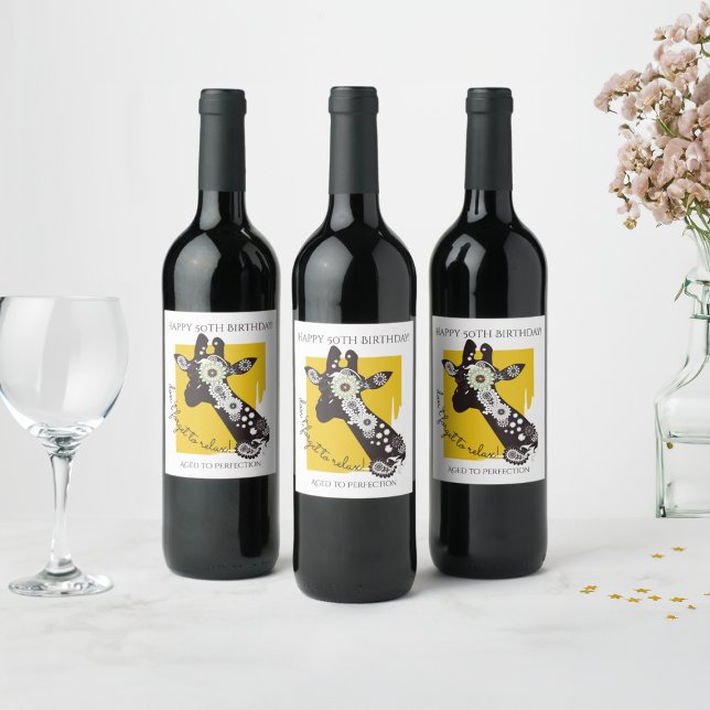 Yellow Funky Cool Giraffe Birthday Wine Label (Creator Uploaded)