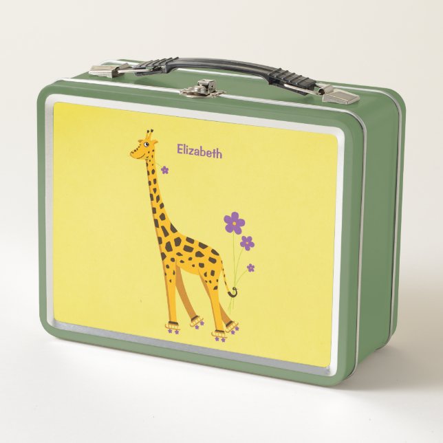 Yellow Funny Cartoon Giraffe Skating Girl Name Metal Lunch Box (Front)