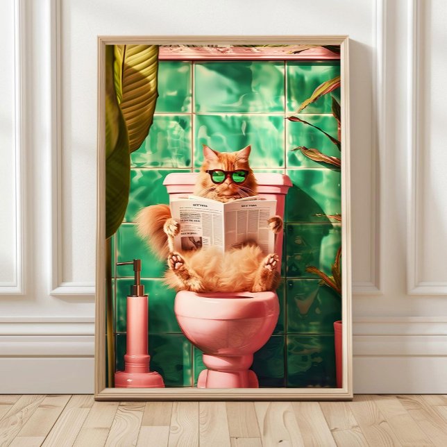 Yellow Funny Orange Cat Toilet Print, Trendy Bathr Poster (Creator Uploaded)
