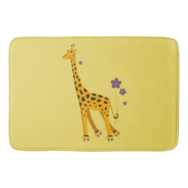 Yellow Funny Roller Skating Giraffe Bath Mat (Front)