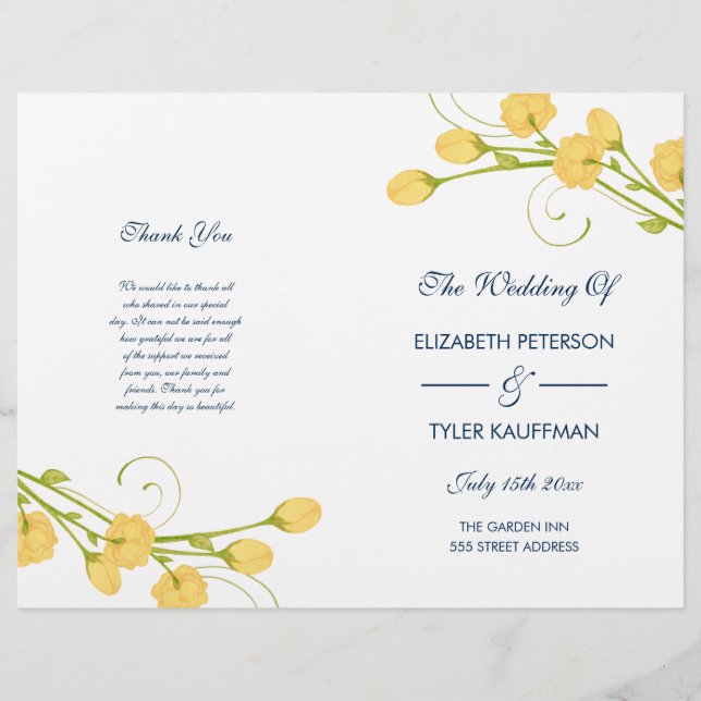 Yellow Garden Roses with navy text wedding program (Front)