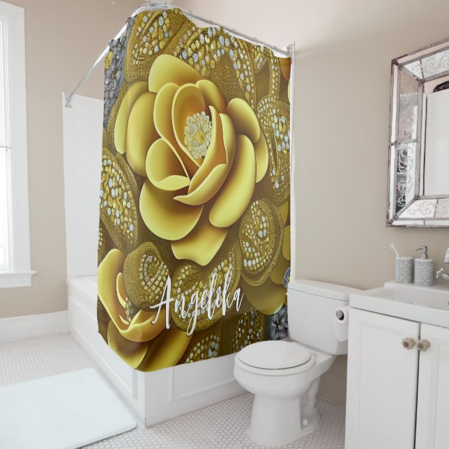 Yellow Gardenia with Gold Glitters and Custom Name Shower Curtain (In Situ)