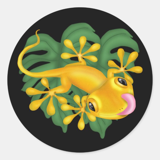Yellow Gecko On Green Leaves Round Sticker (Front)