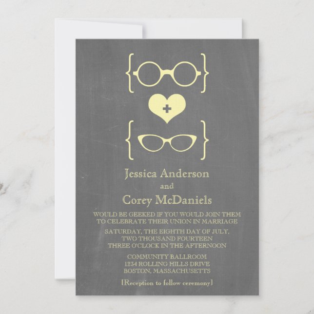 Yellow Geeky Glasses Chalkboard Wedding Invite (Front)