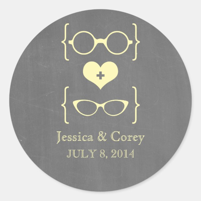 Yellow Geeky Glasses Chalkboard Wedding Stickers (Front)