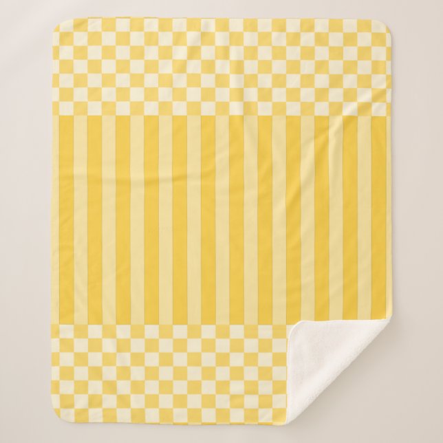 Yellow Geometric Checkers & Stripes Sherpa Blanket (Front)