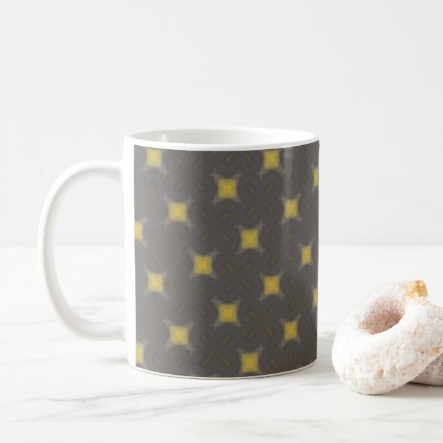 Yellow geometric motifs on grey coffee mug (With Donut)