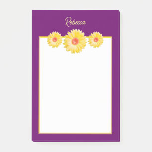 Yellow Gerbera Daisies on Purple Personalised Post-it Notes