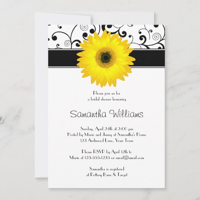 Yellow Gerbera Daisy Black Scroll Bridal Shower Invitation (Front)