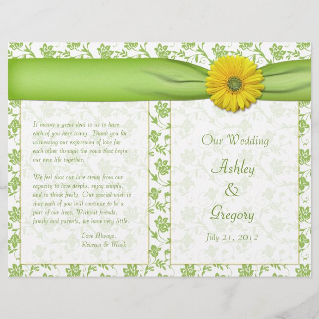 Yellow Gerbera Daisy Green Floral Wedding Program (Front)
