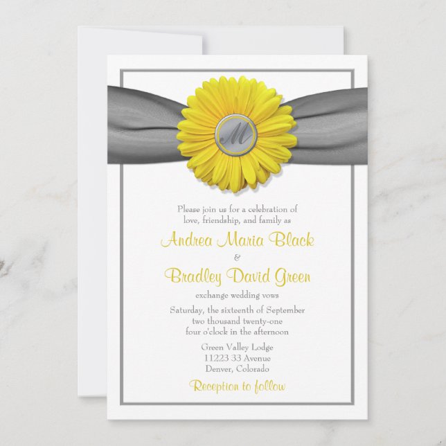 Yellow Gerbera Daisy Grey Ribbon Invitation (Front)
