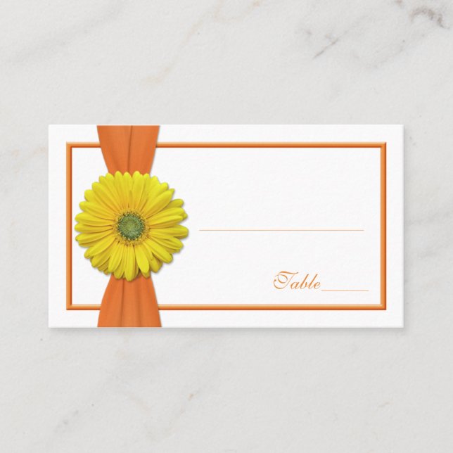 Yellow Gerbera Daisy Orange Wedding Place Card (Front)
