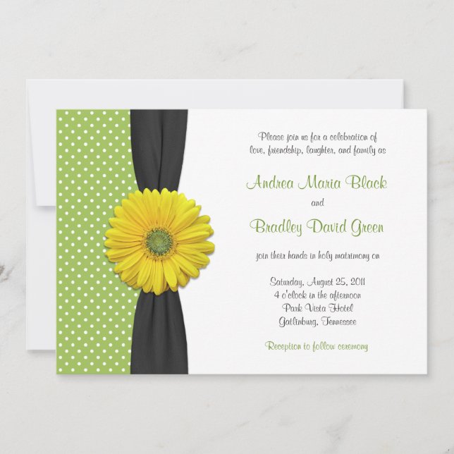 Yellow Gerbera Daisy Polka Dot Wedding Invitation (Front)