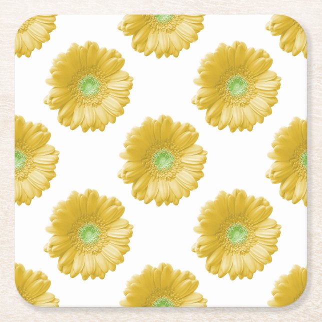 Yellow gerbera daisy square paper coaster (Front)
