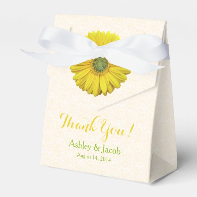 Yellow Gerbera Daisy White Lace Wedding Thank You Favour Box (Front Side)