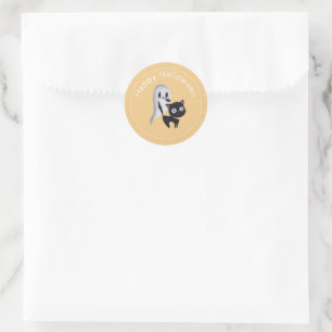 Yellow Ghost and Cat Happy Halloween Classic Round Sticker