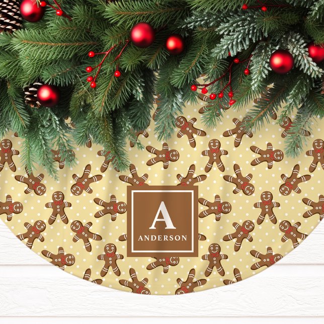 Yellow Gingerbread Man Monogram Christmas Brushed Polyester Tree Skirt (Creator Uploaded)