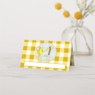 Yellow Gingham 1st Birthday Gold Foil Balloon Fish Place Card