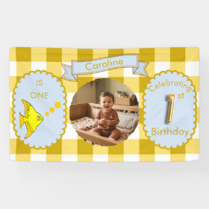 Yellow Gingham 1st Birthday Photo Fish Party Banner