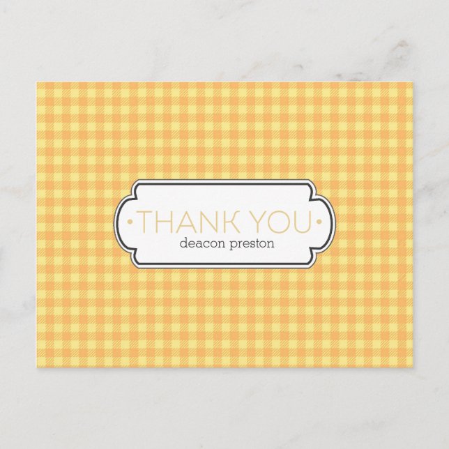 Yellow Gingham and Label Thank You Postcards (Front)