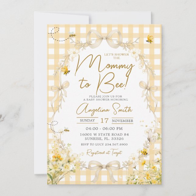 Yellow Gingham Bee Baby Shower Invitation (Front)