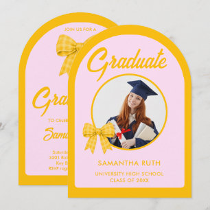 Yellow Gingham Bow Arch Photo Graduation Party Invitation