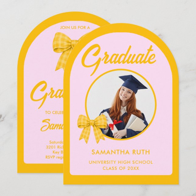 Yellow Gingham Bow Arch Photo Graduation Party Invitation (Front/Back)