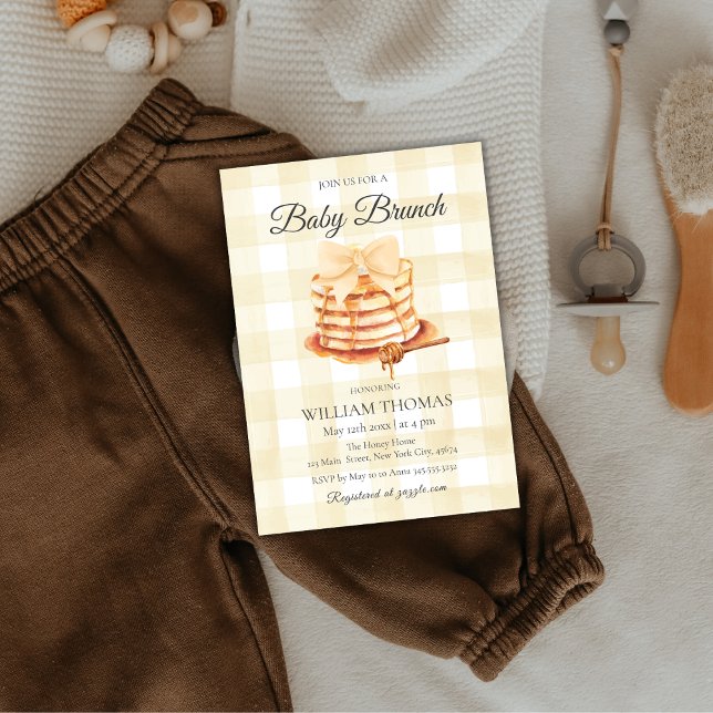 Yellow Gingham Bow Baby Brunch Pancake Baby Shower Invitation (Yellow Gingham Bow Baby Brunch Pancake Baby Shower Invitation)