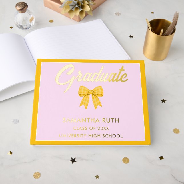 Yellow Gingham Bow Graduation Party Guest Book (Front Open)