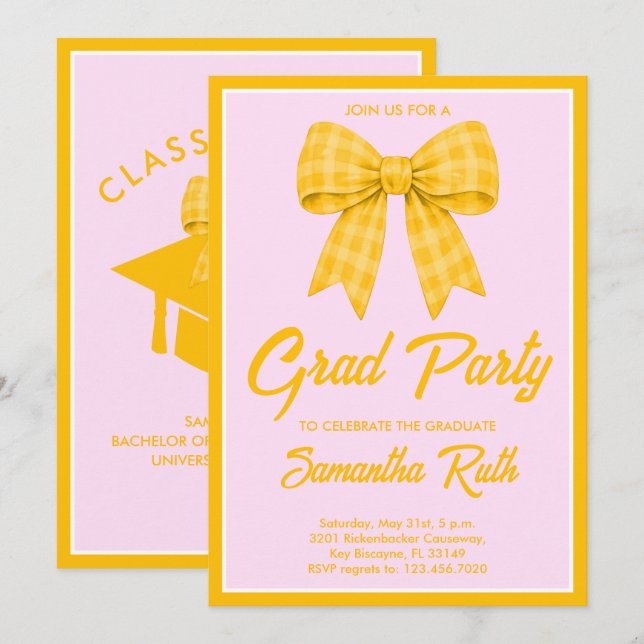 Yellow Gingham Bow Graduation Party Invitation (Front/Back)