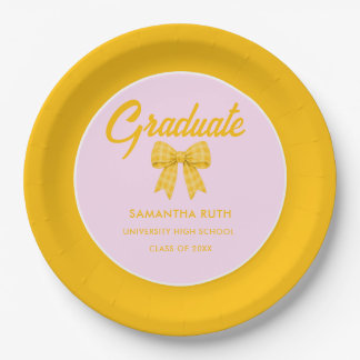Yellow Gingham Bow Graduation Party Paper Plate