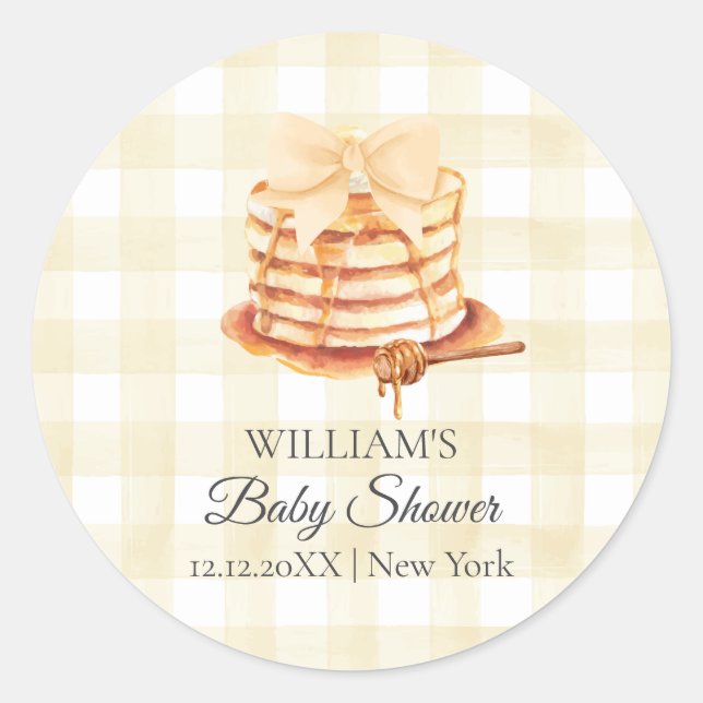 Yellow Gingham Bow Pancake Brunch Baby Shower  Classic Round Sticker (Front)