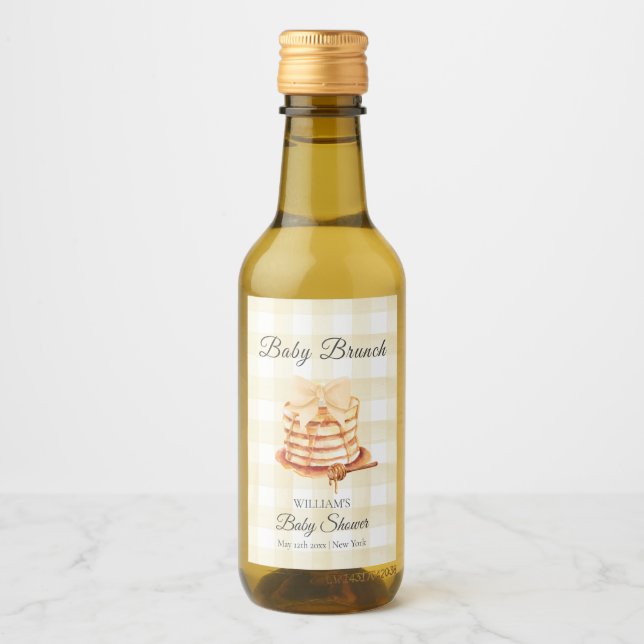 Yellow Gingham Bow Pancake Brunch Baby Shower  Wine Label (Front)