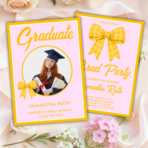 Yellow Gingham Bow Photo Graduation Party Invitation