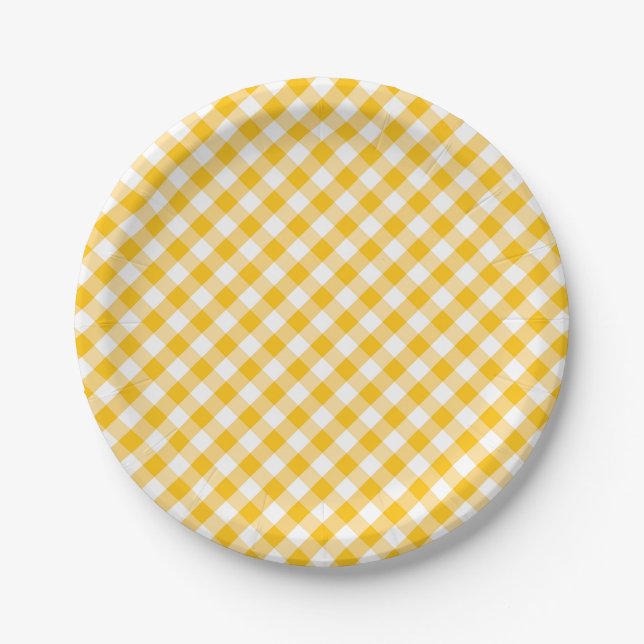 Yellow Gingham Check Pattern Paper Plate (Front)