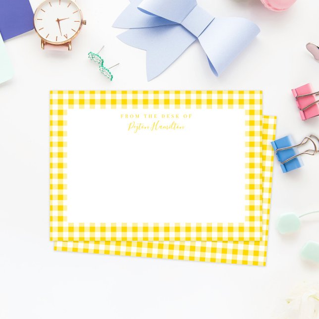 Yellow Gingham Check Personal Stationery Thank You Card (sunny yellow gingham check pattern personal stationery for adults and kids)