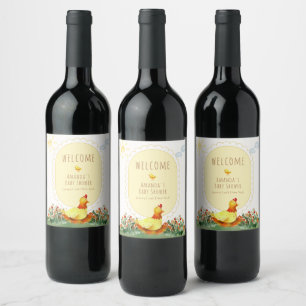 Yellow Gingham Chicken Baby Shower Welcome Wine Label