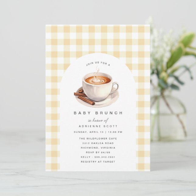 Yellow Gingham | Coffee Baby Shower Brunch Invitation (Standing Front)