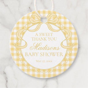 Yellow Gingham Coquette Bow Baby Shower Circle Favour Tags