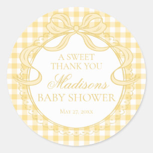 Yellow Gingham Coquette Bow Baby Shower Favour Classic Round Sticker