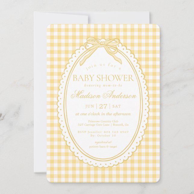Yellow Gingham Coquette Bow Baby Shower Invitation (Front)