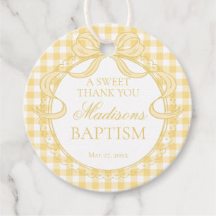 Yellow Gingham Coquette Bow Baptism Circle Favour Tags