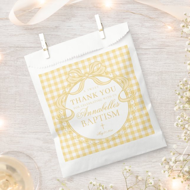 Yellow Gingham Coquette Bow Baptism Dessert Favour Bags (Clipped)