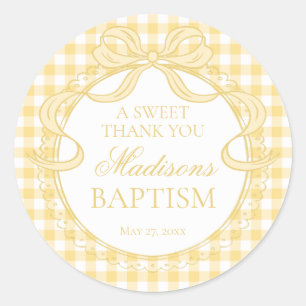 Yellow Gingham Coquette Bow Baptism Favour Classic Round Sticker