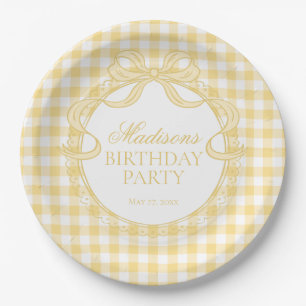 Yellow Gingham Coquette Bow Birthday Party Paper Plate